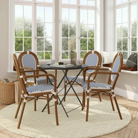 FLASH FURNITURE Lourdes Thonet French Bistro Stacking Chair w/Arms, White/Navy PE Rattan/Bamboo Alum Frame, 4PK 4-SDA-AD642002A-WHNVY-NAT-GG